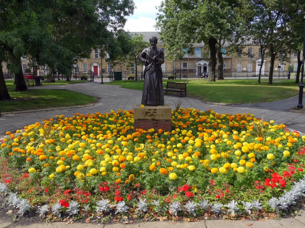 Northumberland Square, North Shields, in summer. The market's stalls and fairground rides fill these gardens on 5 and 6 December