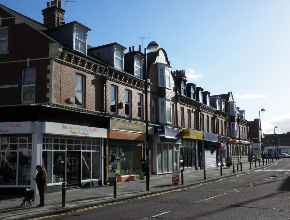 Shops on Park View, Whitley Bay, in a 2010 photo. Two Park View cafes were rated 5 in September; the photo does not show either inspection